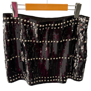 French Kiss Black Sequin Studded Mini Skirt Side Zipper Large Festival Concert